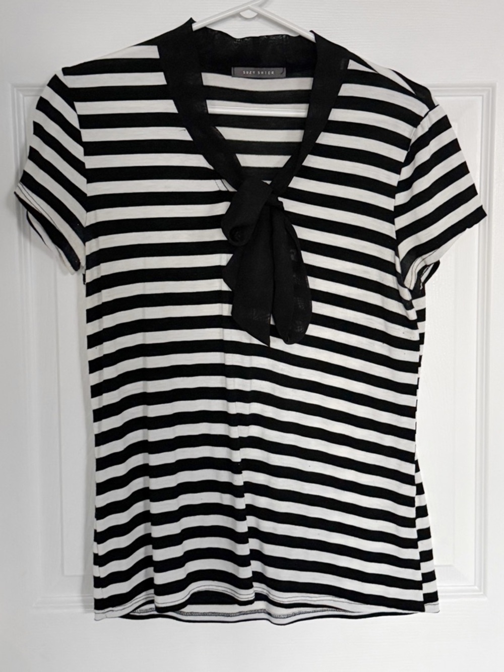 Suzy Shier Black and White Striped Tie-Neck Short Sleeve Top